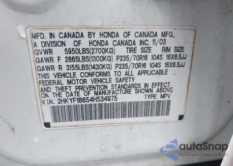 2004 Honda Pilot Ex-L из США, поврежденный, VIN 2HKYF18654H534975